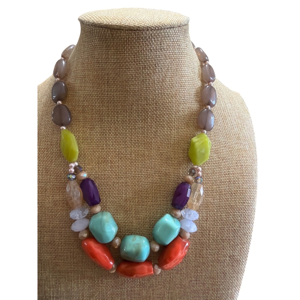 Multi Color Chunky Bead Statement Necklace Bib Style Silver Tone Statement Layer